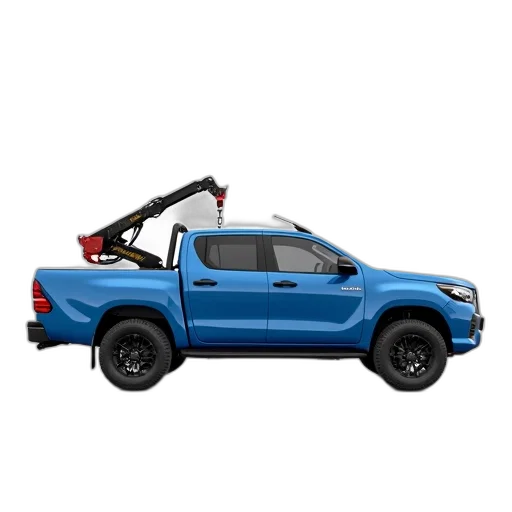 car, blue, pickup, truck, crane, attachment, parked, white transparent PNG cut-out