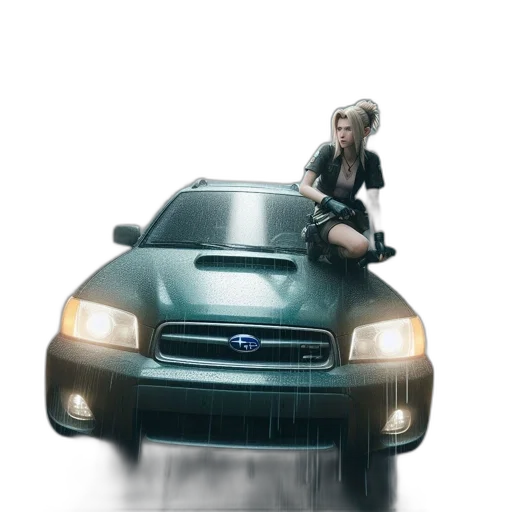 car, concept art, 3d render, photorealistic, cyberpunk, neon lights, fire, city street transparent PNG cut-out