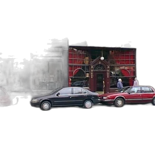 car, furniture, building, concept art, photorealistic, 3d render, city street, fog transparent PNG cut-out