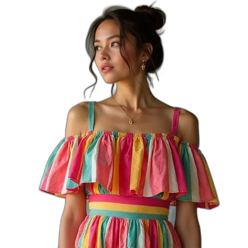 dress, neon, colorful, pastel, woman, wearing, striped, top transparent PNG cut-out