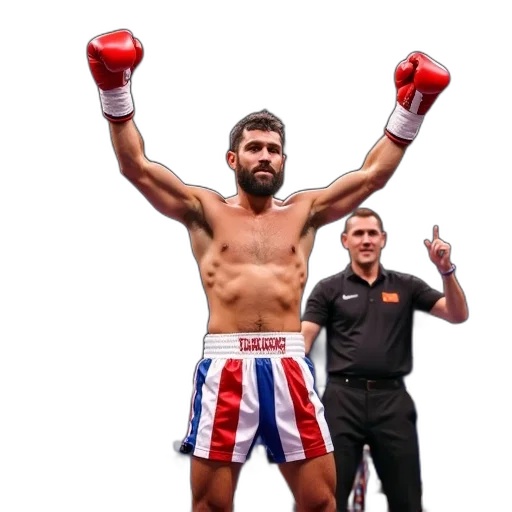 male, boxer, celebrating, victory, ring, his, arms, raised transparent PNG cut-out