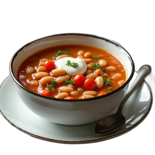 food, photorealistic, 3d render, bowl, soup, spoon, side, placed transparent PNG cut-out