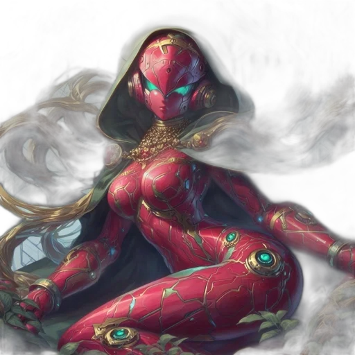 mask, concept art, comic book art, fantasy art, watercolor, red, robotic, woman transparent PNG cut-out