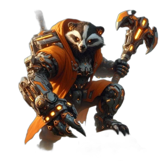 robot, weapon, staff, animal, concept art, fantasy art, 3d render, golden transparent PNG cut-out