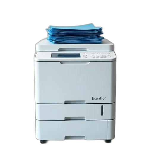 robot, weapon, 3d render, blue, white, office, printer, paper transparent PNG cut-out