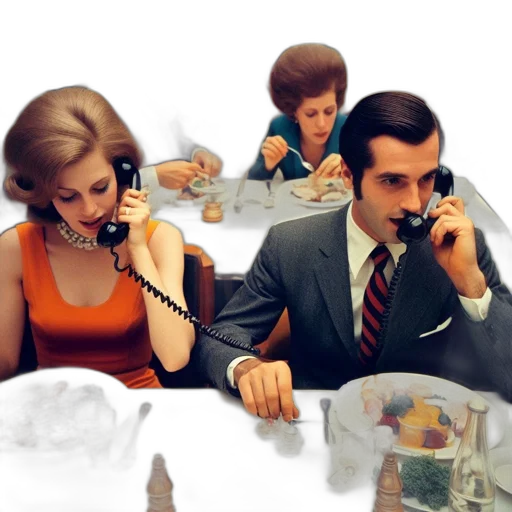 1950s-era, dining, hall, two, people, chat, phones, amidst transparent PNG cut-out