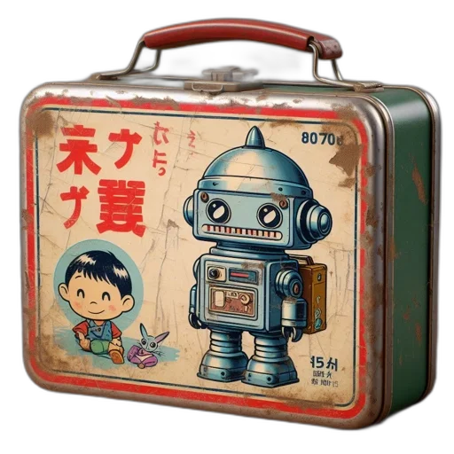 robot, concept art, photorealistic, cyberpunk, 3d render, vintage, lunchbox, distressed transparent PNG cut-out