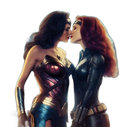 comic book art, concept art, fantasy art, two, female, superheroes, share, tender transparent PNG cut-out