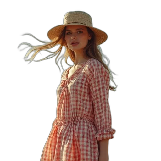 dress, hat, photorealistic, red, earth tones, model, oversized, check transparent PNG cut-out