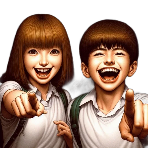 photorealistic, cartoon, anime, oil painting, two, smiling, children, point transparent PNG cut-out