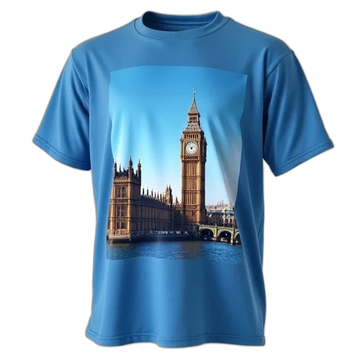 3d render, photorealistic, blue, t-shirt, graphic, big, ben, houses transparent PNG cut-out