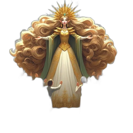 crown, dress, hair, staff, concept art, fantasy art, pixel art, 3d render transparent PNG cut-out