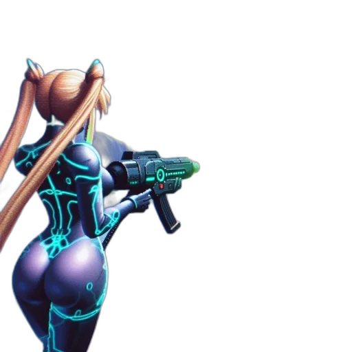 weapon, robot, concept art, cyberpunk, 3d render, vaporwave, blue, female transparent PNG cut-out