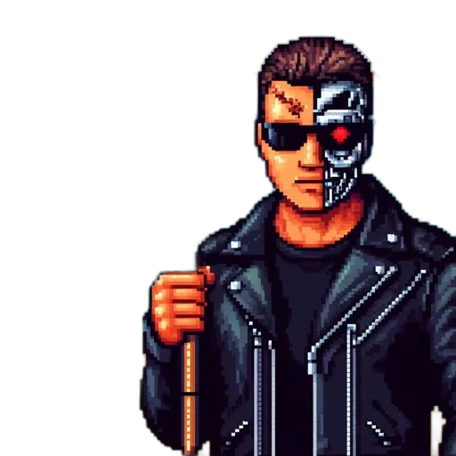 jacket, robot, mask, weapon, pixel art, cyberpunk, comic book art, concept art transparent PNG cut-out