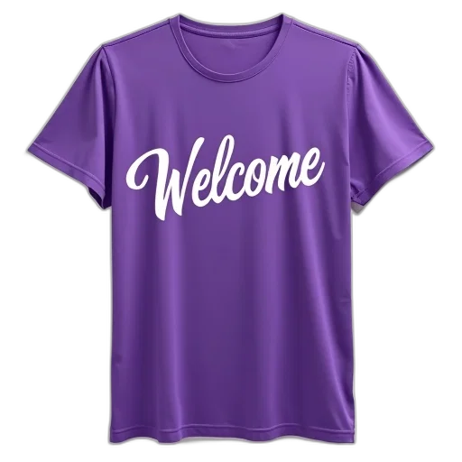purple, t-shirt, word, welcome, white, stylized, font, front transparent PNG cut-out