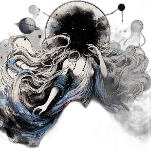 hair, mask, concept art, fantasy art, watercolor, comic book art, outer space, monochrome transparent PNG cut-out