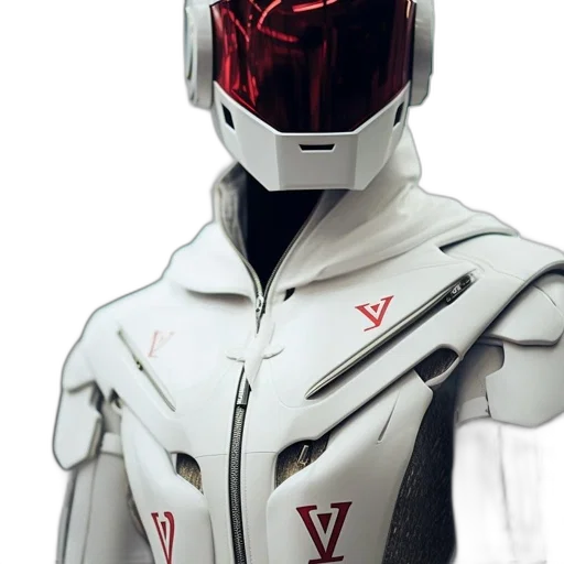 robot, jacket, mask, concept art, 3d render, red, sleek, futuristic transparent PNG cut-out