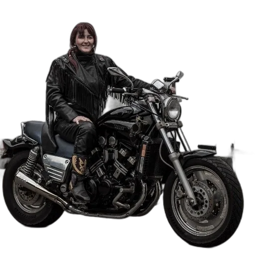 jacket, photorealistic, woman, black, leather, fringe, sits, motorcycle transparent PNG cut-out