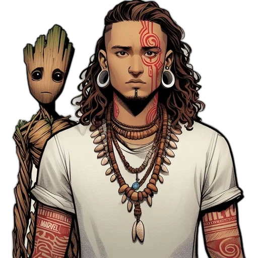 comic book art, concept art, fantasy art, cartoon, earth tones, groot, tattooed, male transparent PNG cut-out