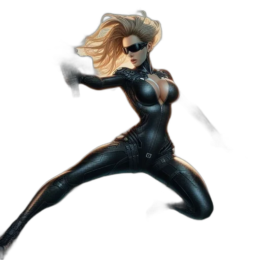 comic book art, concept art, cartoon, 3d render, blonde, woman, black, suit transparent PNG cut-out