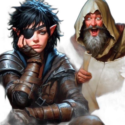 fantasy art, concept art, comic book art, two, characters, one, dark-haired, elfess transparent PNG cut-out