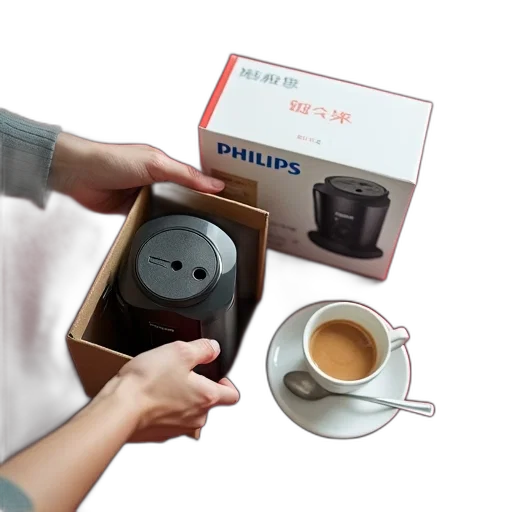 robot, 3d render, person, hand, holding, box, philips, coffee transparent PNG cut-out