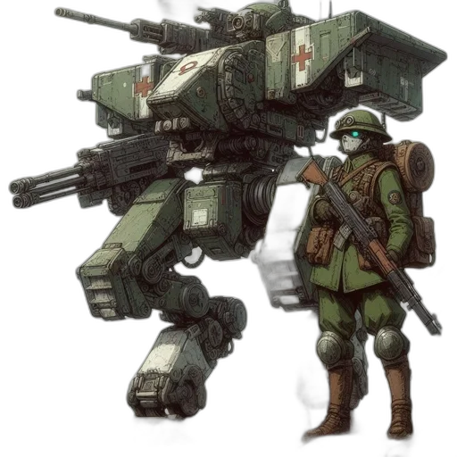 robot, weapon, concept art, fantasy art, pixel art, cyberpunk, green, wwi-era transparent PNG cut-out