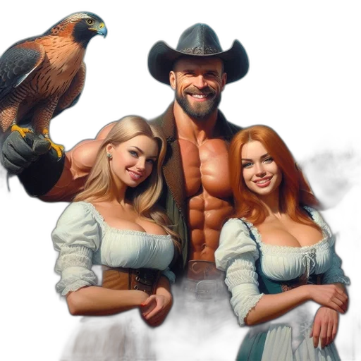 fantasy art, photorealistic, concept art, oil painting, three, individuals, pose, birds transparent PNG cut-out