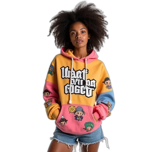 jacket, woman, curly, hair, wearing, colorful, hoodie, cartoon transparent PNG cut-out