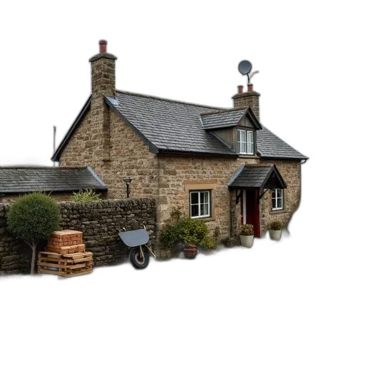 building, 3d render, photorealistic, rustic, stone, cottage, slate, roof transparent PNG cut-out