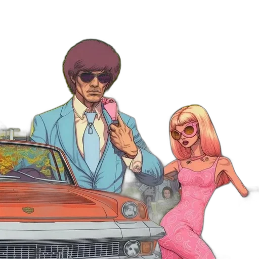 car, comic book art, concept art, cartoon, vaporwave, city street, pastel, man transparent PNG cut-out