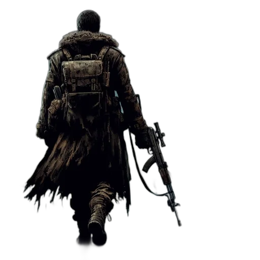 weapon, jacket, concept art, pixel art, fantasy art, comic book art, dark, lone transparent PNG cut-out