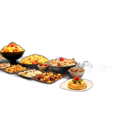 food, 3d render, concept art, buffet, table, variety, items, displayed transparent PNG cut-out