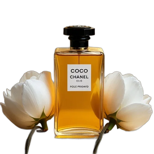 bottle, coco, chanel, two, white, flowers, gold, leaf transparent PNG cut-out