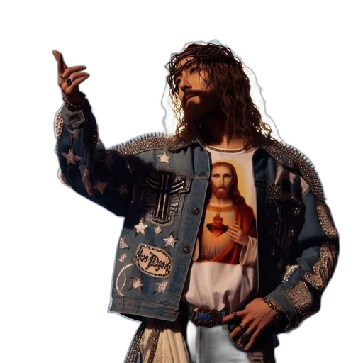 jacket, vaporwave, individual, likely, male, wears, sequin-adorned, denim transparent PNG cut-out