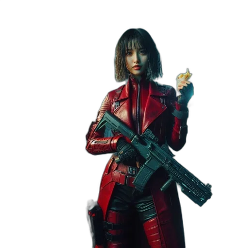 weapon, jacket, cyberpunk, concept art, 3d render, comic book art, red, woman transparent PNG cut-out