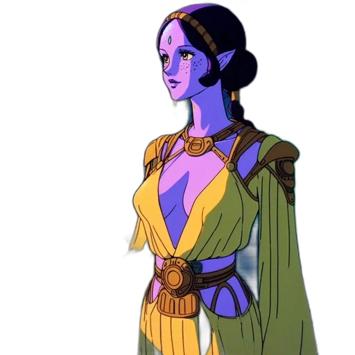 dress, staff, jewelry, concept art, fantasy art, pixel art, comic book art, blue transparent PNG cut-out