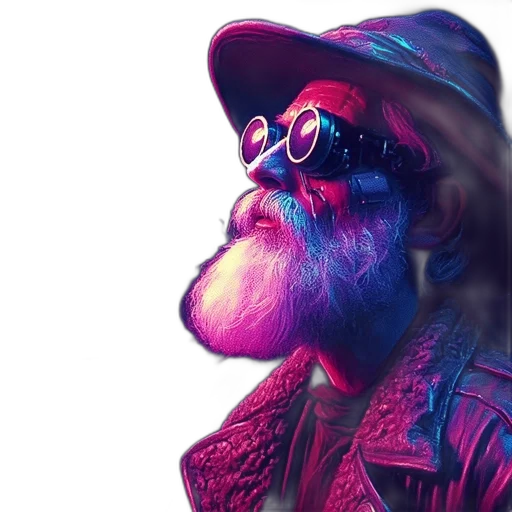 jacket, hat, face, photorealistic, cyberpunk, concept art, watercolor, elderly transparent PNG cut-out