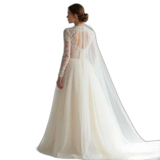 dress, woman, wearing, long, flowing, gown, sheer, overlay transparent PNG cut-out