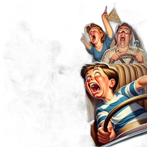 concept art, comic book art, photorealistic, 3d render, inside, packed, car, five transparent PNG cut-out