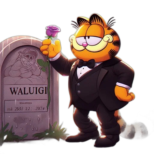 cartoon, concept art, vaporwave, garfield, stands, next, gravestone, featuring transparent PNG cut-out
