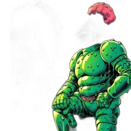 creature, comic book art, concept art, green, armored, knight, stands, dimly transparent PNG cut-out