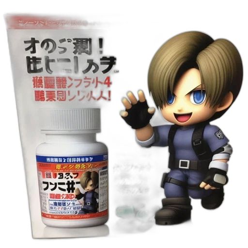 3d render, anime-style, chibi, character, packaging, japanese, text, pills transparent PNG cut-out