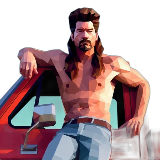 car, concept art, pixel art, comic book art, cartoon, low-poly, artwork, shirtless transparent PNG cut-out