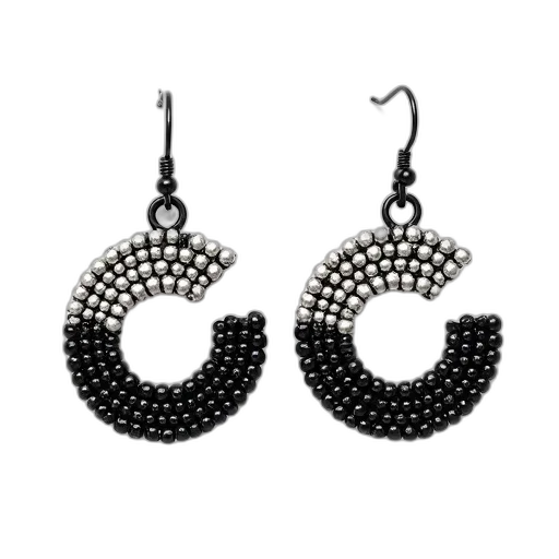 jewelry, pair, earrings, black, metal, hook, circular, silver transparent PNG cut-out