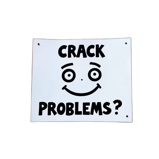 white, sticker, cartoonish, face, words, crack, problems, placed transparent PNG cut-out