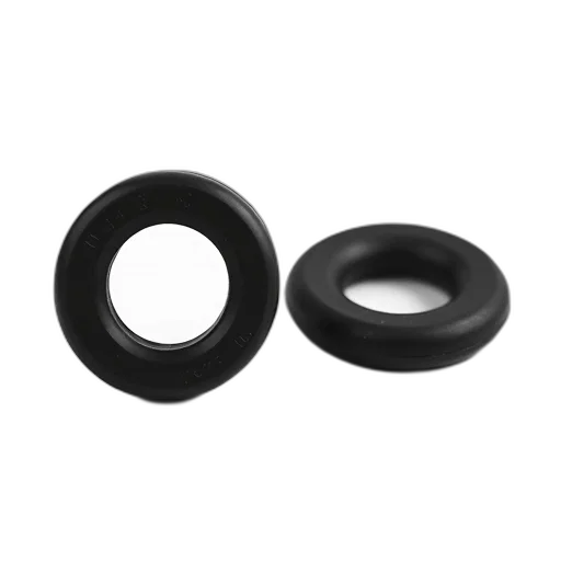 jewelry, furniture, two, black, rubber, grommets, displayed, against transparent PNG cut-out
