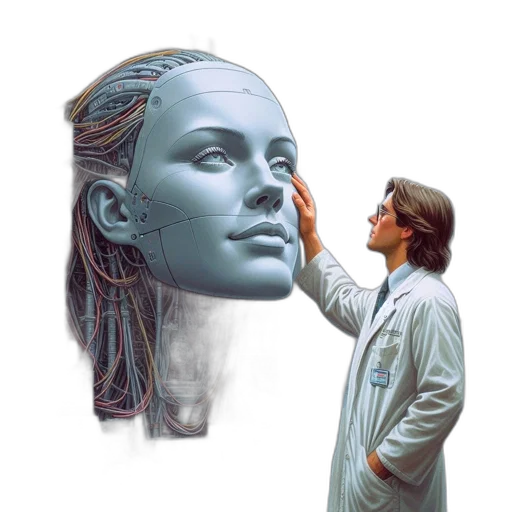 face, mask, robot, hair, photorealistic, vaporwave, oil painting, concept art transparent PNG cut-out
