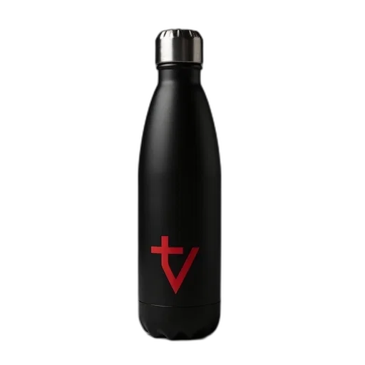 bottle, black, water, silver, cap, red, logo, side transparent PNG cut-out