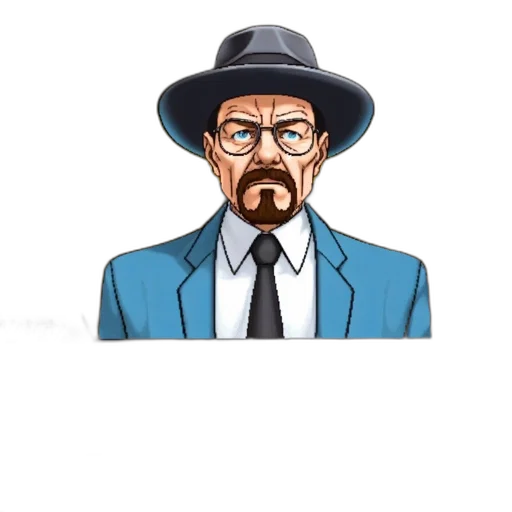 hat, staff, jacket, face, anime, cartoon, comic book art, pixel art transparent PNG cut-out